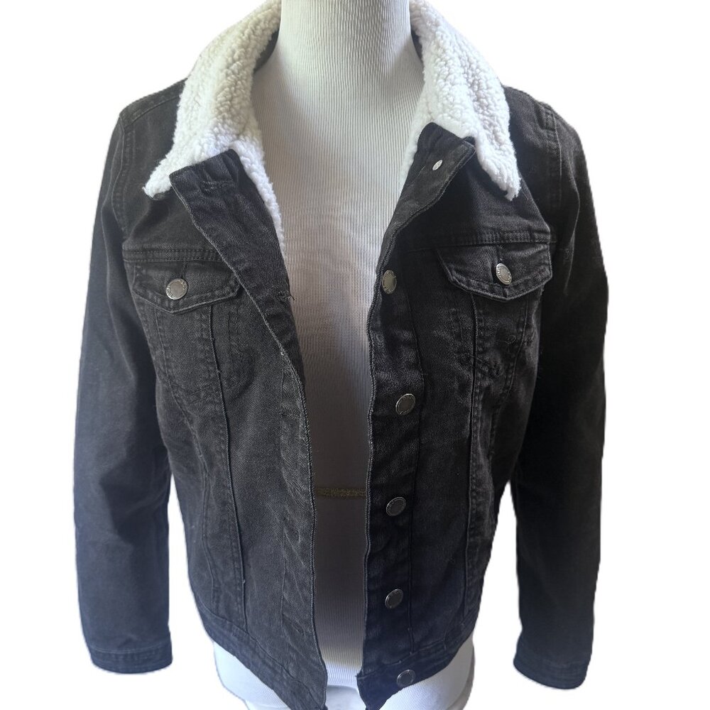 BBJ Los Angeles Women's Black Jean Jacket with White Sherpa Collar